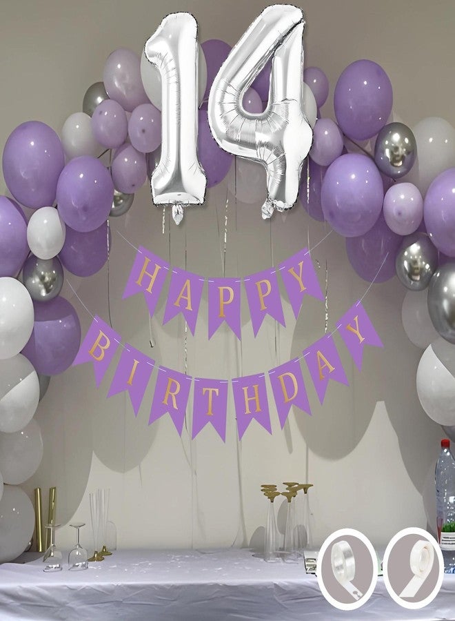 Flyloons مجموعة زينة عيد الميلاد الرابع عشر من فلاي لونز، بتصميم أرجواني وأبيض للأولاد والبنات | 30 بالونًا باللون الأرجواني والأبيض والفضي | لافتة عيد ميلاد سعيد باللون الأرجواني | شريط قوس | نقاط لاصقة - Image 1